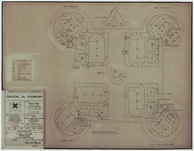 Château, Domaine de Chambord : EL-07 ELECTRICITE : plan du 3ième étage, terrasse, zone centrale (DCE)