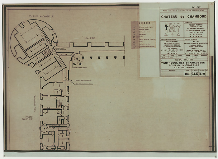 Château, Domaine de Chambord : EL-10 ELECTRICITE : plan de l'entresol rez de chaussée, tour de la chapelle aile Dauphine (DCE)