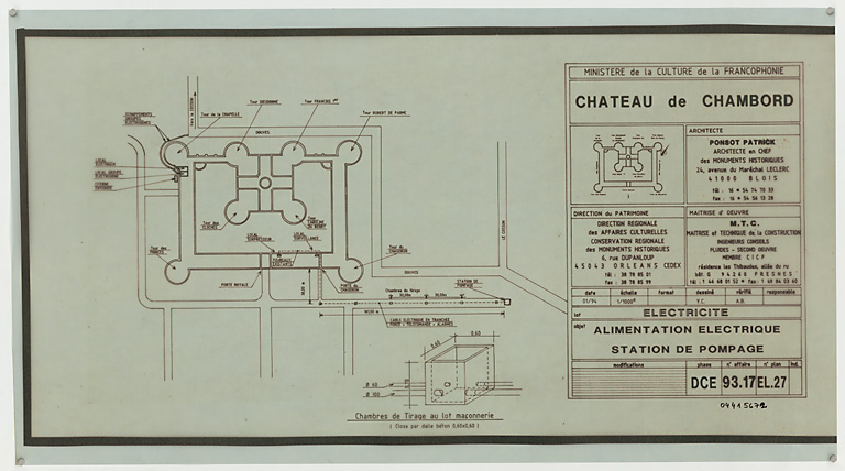 Château, Domaine de Chambord : EL-27 ELECTRICITE : alimentation éléctrique, station de pompage, plan de localisation des tours (DCE)