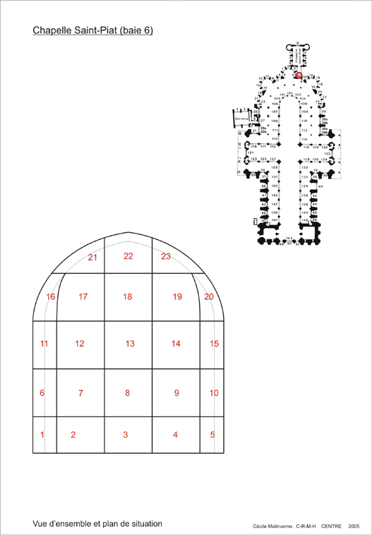 verrière : Elevation de la verrière et situation dans le plan de la cathédrale (schèma).