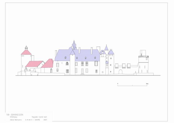 Château de Bannegon : Plan de toiture, plan au sol de l'ensemble, plan du rez de chaussée et du 1er étage du logis, plan des combles, coupe longitudinale, façade nord-est, façade nord-ouest avec coupe transversale sur le logis(façade sur cour), façade sud ouest.