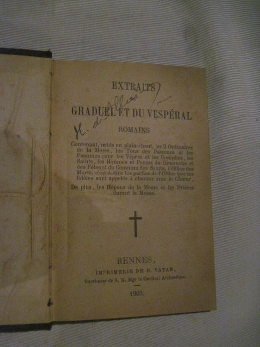 livre liturgique : Extraits du graduel et du vespéral romains, page de garde