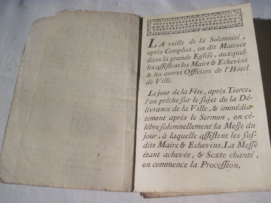 livre liturgique : Ordre de la procession générale qui se fait tous les ans le 8 mai, en action de graces à Dieu pour la délivrance de la ville d'Orléans du siège des Anglois, par l'entremise de Jeanne d'Arc, communément appelée la pucelle d'Orléans [] Réformé par ordre de Monseigneur l'évêque d'Orléans, première page