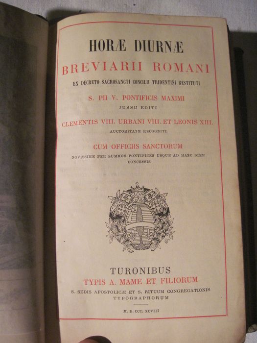 livre liturgique : Horae diurnae breviarii romani ex decreto ss. Concilii tridentini restituti. S. PII V. Pontificis Maximi jussi editi… première page