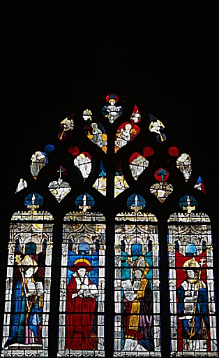 Verrière de la chapelle de Pierre de Beaucaire (baie 35) : Vue d'ensemble, les 4 docteurs de l'Eglise, saint Grégoire, saint Augustin, saint Jérôme et saint Ambroise.