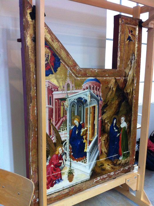 retable  : la Crucifixion, face extérieure volet droit (scène de l'Annonciation et de la Visitation)
