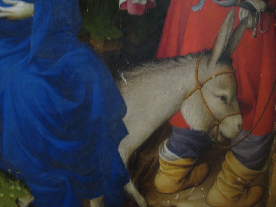 retable  : la Crucifixion, face extérieure volet gauche (scène de la Présentation au Temple et de la Fuite en Egypte), détail âne
