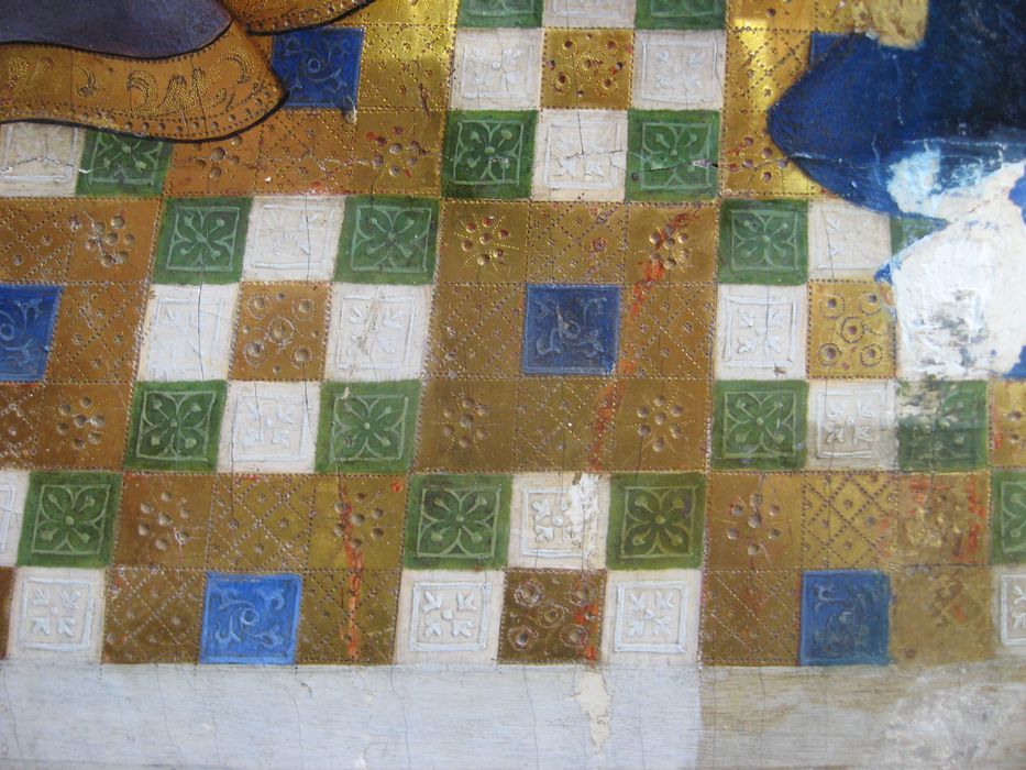 retable  : la Crucifixion, face extérieure volet gauche (scène de la Présentation au Temple et de la Fuite en Egypte), détail sol