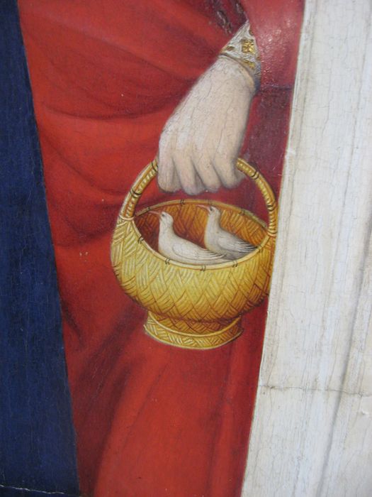 retable  : la Crucifixion, face extérieure volet gauche (scène de la Présentation au Temple et de la Fuite en Egypte), détail colombes