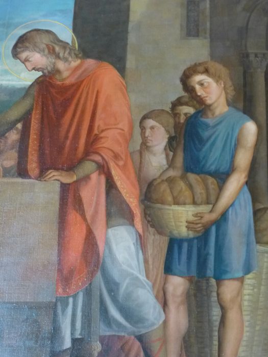 Tableau (cadre) : Saint Gengoux distribuant du pain aux pauvres, détail d’un jeune homme portant un panier de pain