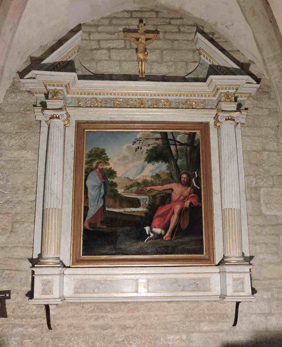 retable de l'ancien maître-autel, tableau : Christ et saint Jean-Baptiste, et croix encadrée