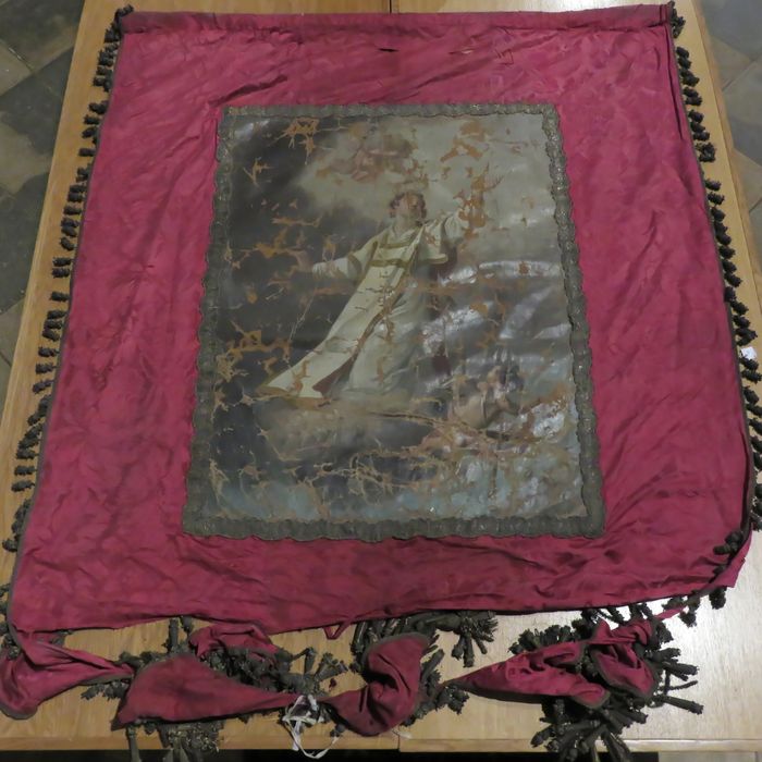 Bannière de procession : Saint Jean à Patmos, Mort de saint Jean - Vue générale face mort de saint Jean