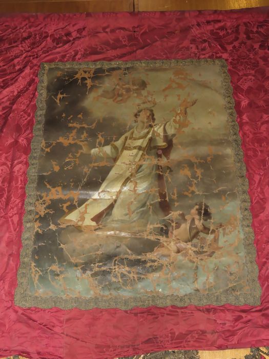 Bannière de procession : Saint Jean à Patmos - Mort de saint Jean - Vue partielle face mort de saint Jean