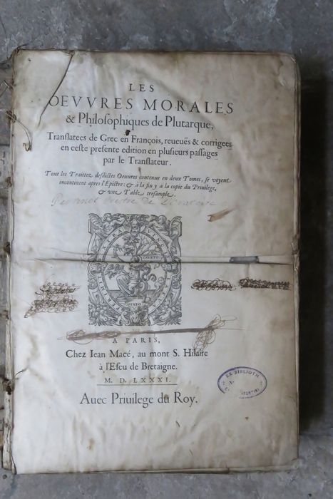 Livre : Les Oeuvres morales et philosophiques de Plutarque - Page de garde