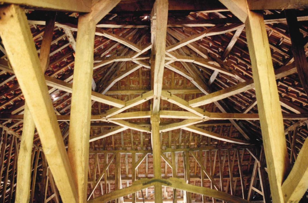 bâtiment dit « cap de mouche », ancien relais de chevaux pour le château de Chastellux, vue partielle de la charpente