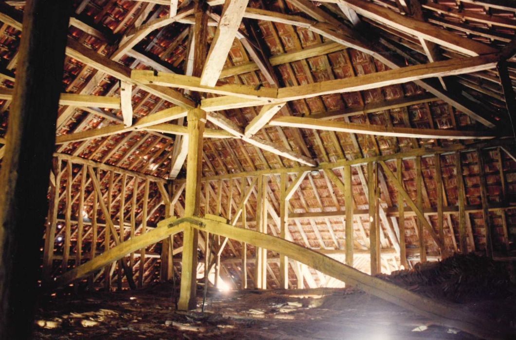 bâtiment dit « cap de mouche », ancien relais de chevaux pour le château de Chastellux, vue partielle de la charpente