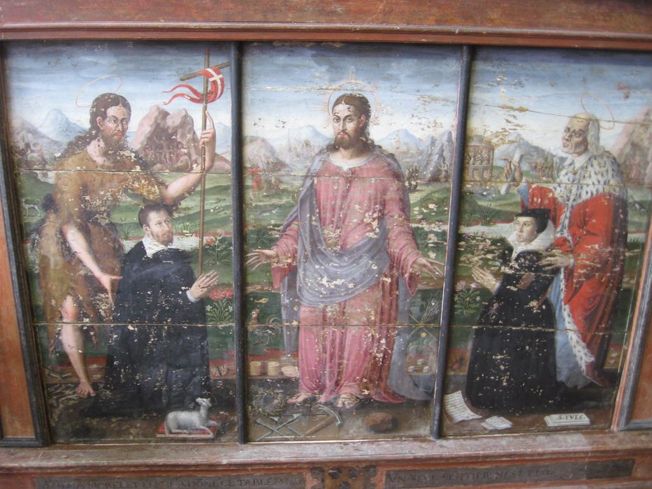 tableau (triptyque) : le Christ entre le donateur et la donatrice accompagnés de leurs saints patrons