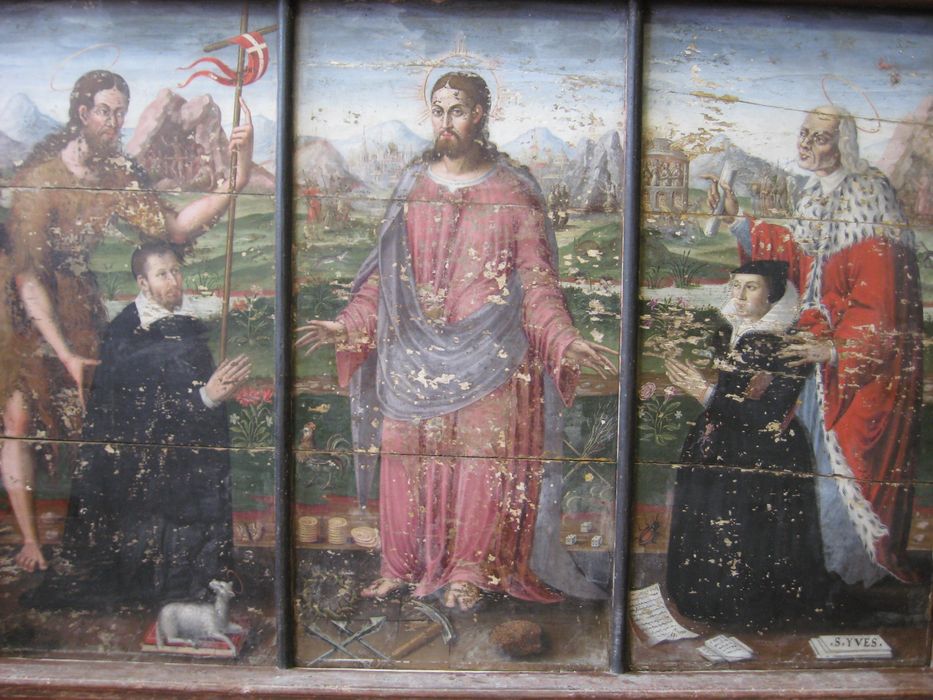 tableau (triptyque) : le Christ entre le donateur et la donatrice accompagnés de leurs saints patrons