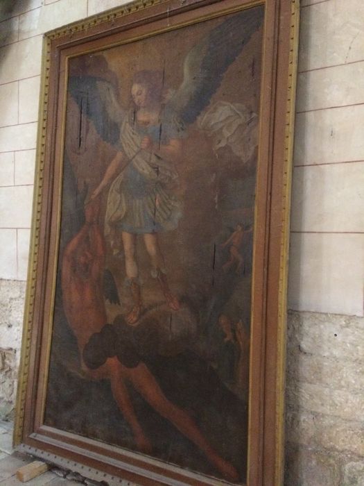 Tableau et son cadre : Archange (Saint Michel?) et démon