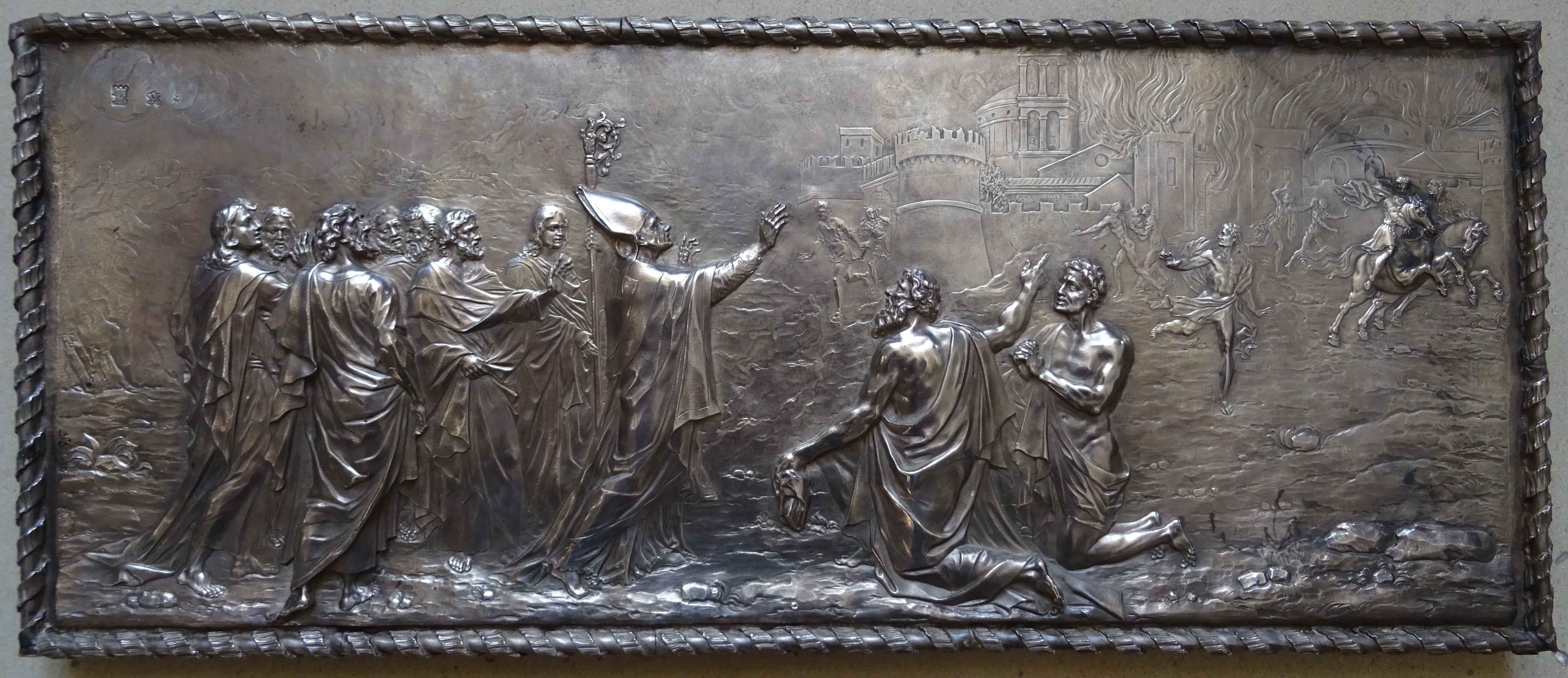 bas-relief : Saint Loup arrête l'incendie de la ville de Melun - © Ministère de la Culture (France), Direction Régionale des Affaires Culturelles de Bourgogne-Franche-Comté – Tous droits réservés