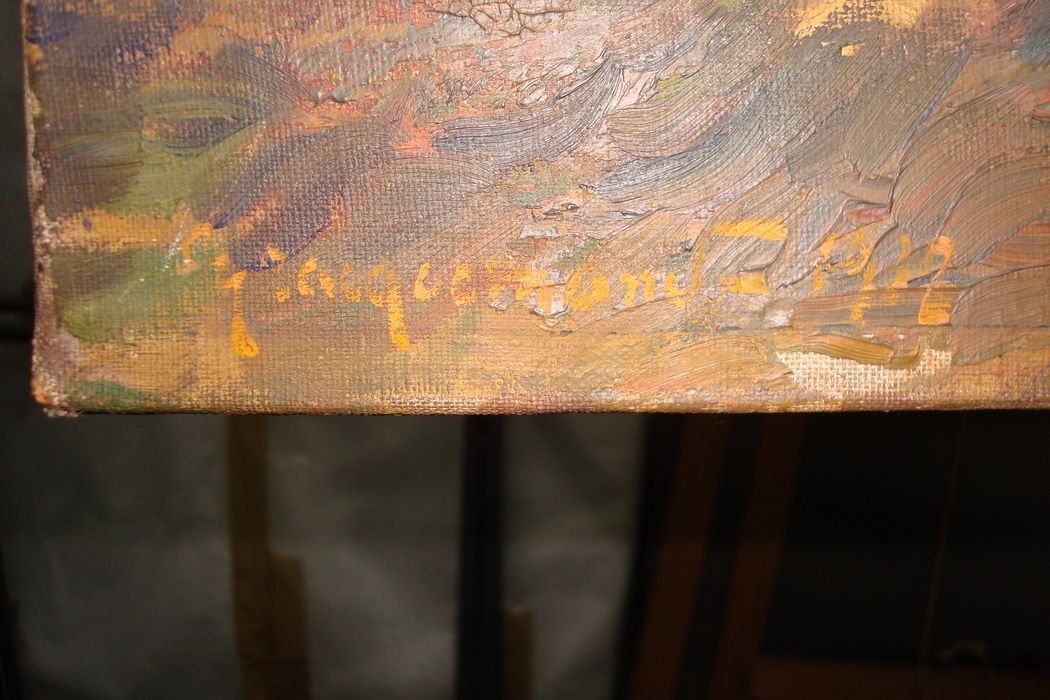 tableau de la coulée d’un haut-fourneau, détail de la signature - © Ministère de la Culture (France), Direction Régionale des Affaires Culturelles de Bourgogne-Franche-Comté ; Académie François Bourdon – Tous droits réservés