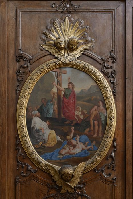 8 tableaux : Pèlerins d'Emmaüs, la Manne, l'Arche d'alliance, Offrande de Melchisédech, Frappement du rocher, Sacrifice d'Isaac, le Serpent d'airain, la Pâque