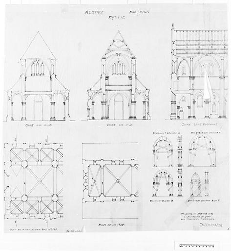 Plans partiels de la nef, coupe longitudinale et coupes transversales sur la nef, détail d'étaiement des arcs.