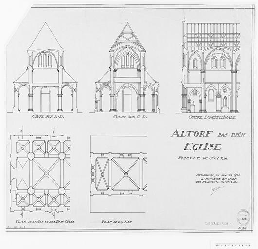 Plans partiels de la nef, coupe longitudinale et coupes transversales sur la nef.