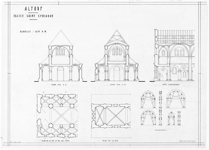 Plans partiels de la nef, coupe longitudinale et coupes transversales sur la nef, détails d'étaiement.