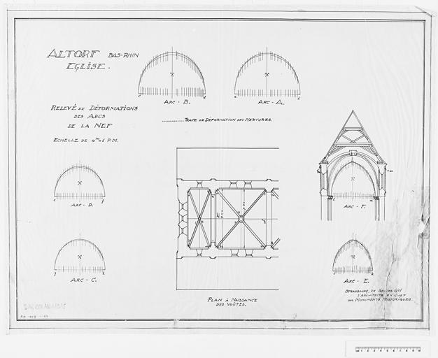 Relevé des déformations des arcs de la nef.