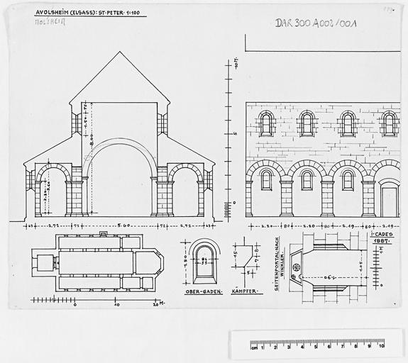 Plan, coupe transversale, coupe longitudinale partielle, détails.