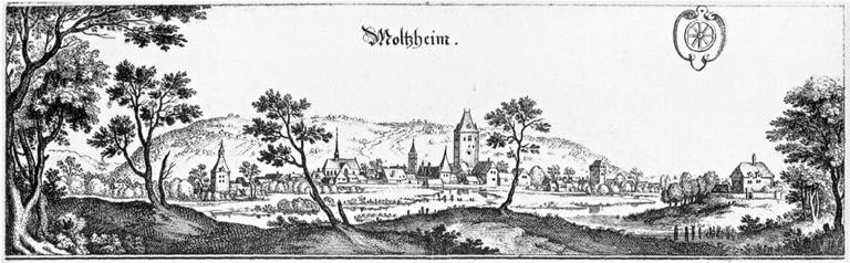 Vue d'ensemble de la commune depuis l'est au 17ème siècle.
