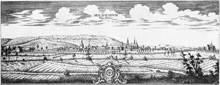 Vue d'ensemble de la commune depuis le sud au 18ème siècle.