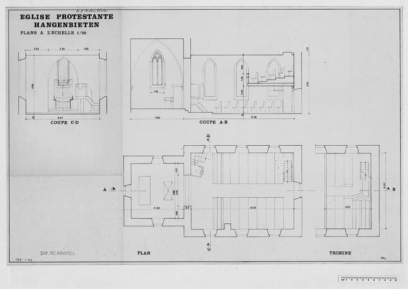 Plan, plan de la tribune, coupe longitudinale axiale, coupe transversale sur la nef.