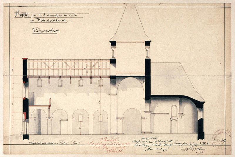 Projet de restauration : coupe longitudinale ouest-est.