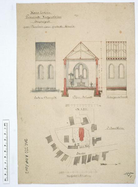 Avant-projet : plan de situation, façade latérale (partielle), coupe transversale sur le choeur, coupe longitudinale partielle.