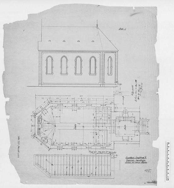 Plan, plan de charpente, élévation latérale.