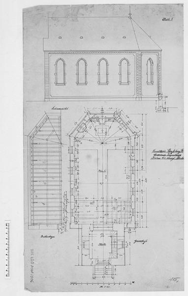 Façade sud (partielle), plan, plan de charpente.