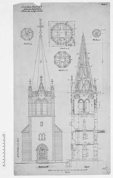 Tour-porche : élévation occidentale, coupe, plans de charpente.