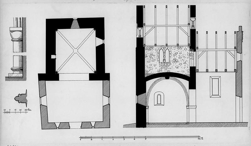 Clocher : plan, coupe transversale, détails.