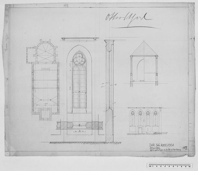 Plan, coupe transversale sur la nef, élévation intérieure de quatre travées nord de la nef, plan, élévation et coupe d'une fenêtre de la nef.