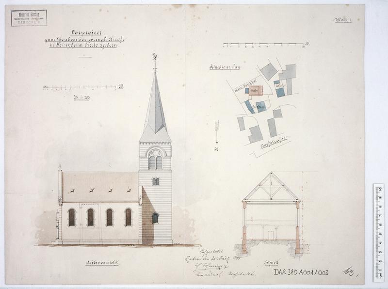 Avant-projet : plan de situation, façade sud, coupe transversale.