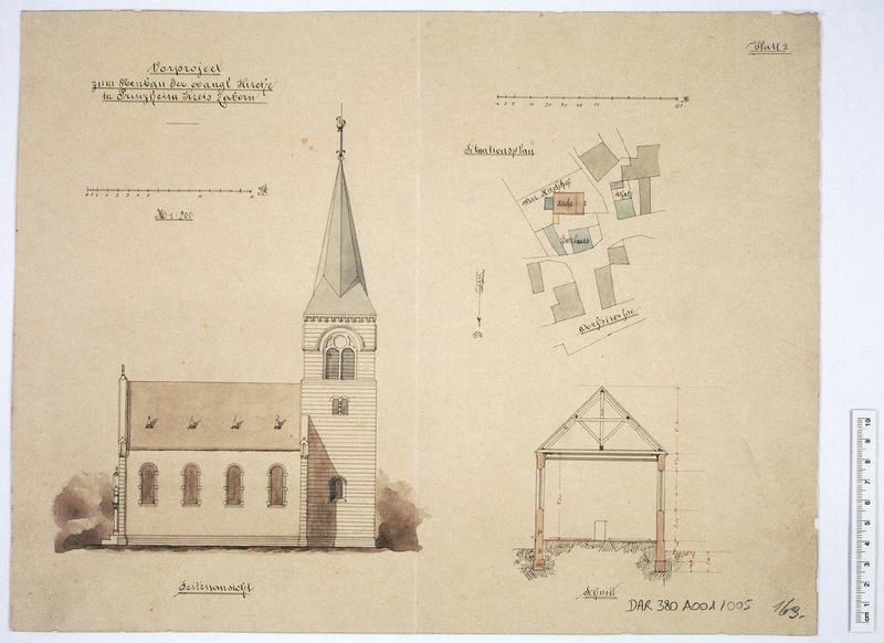 Avant-projet : plan de situation, façade sud, coupe transversale.