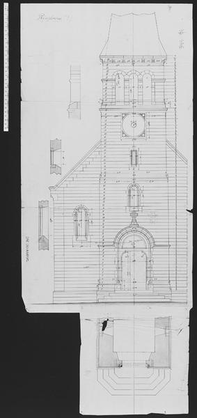 Façade occidentale (partielle), plan de l'escalier du parvis, coupes de baies.