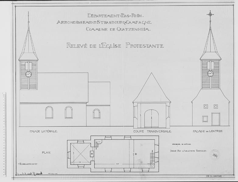 Plan, élévations, coupe transversale.