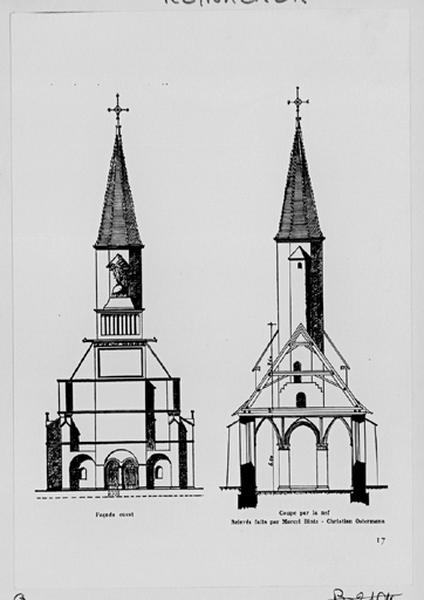 Façade occidentale et coupe transversale sud-nord sur le choeur.