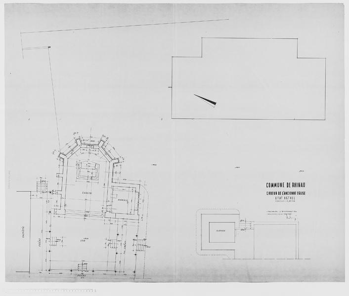 Plan actuel : cour, choeur, sacristie, clocher.