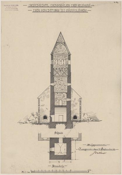 Coupe et plan de la tour-porche.