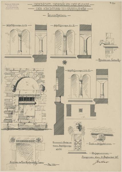 Détails architectoniques de la tour-porche (baies, porte, gargouille, console).