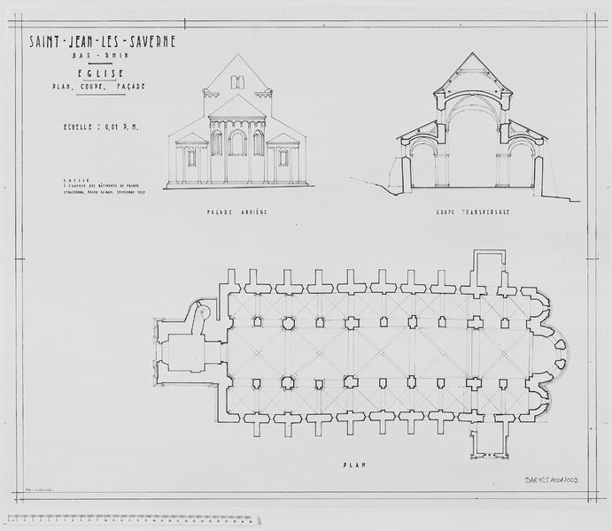 Plan, élévation du chevet et coupe transversale nord-sud sur la nef.